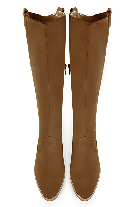 Caramel brown women's cowboy boots. Round toe. Medium block heels. Made to measure. Top view - Florence KOOIJMAN